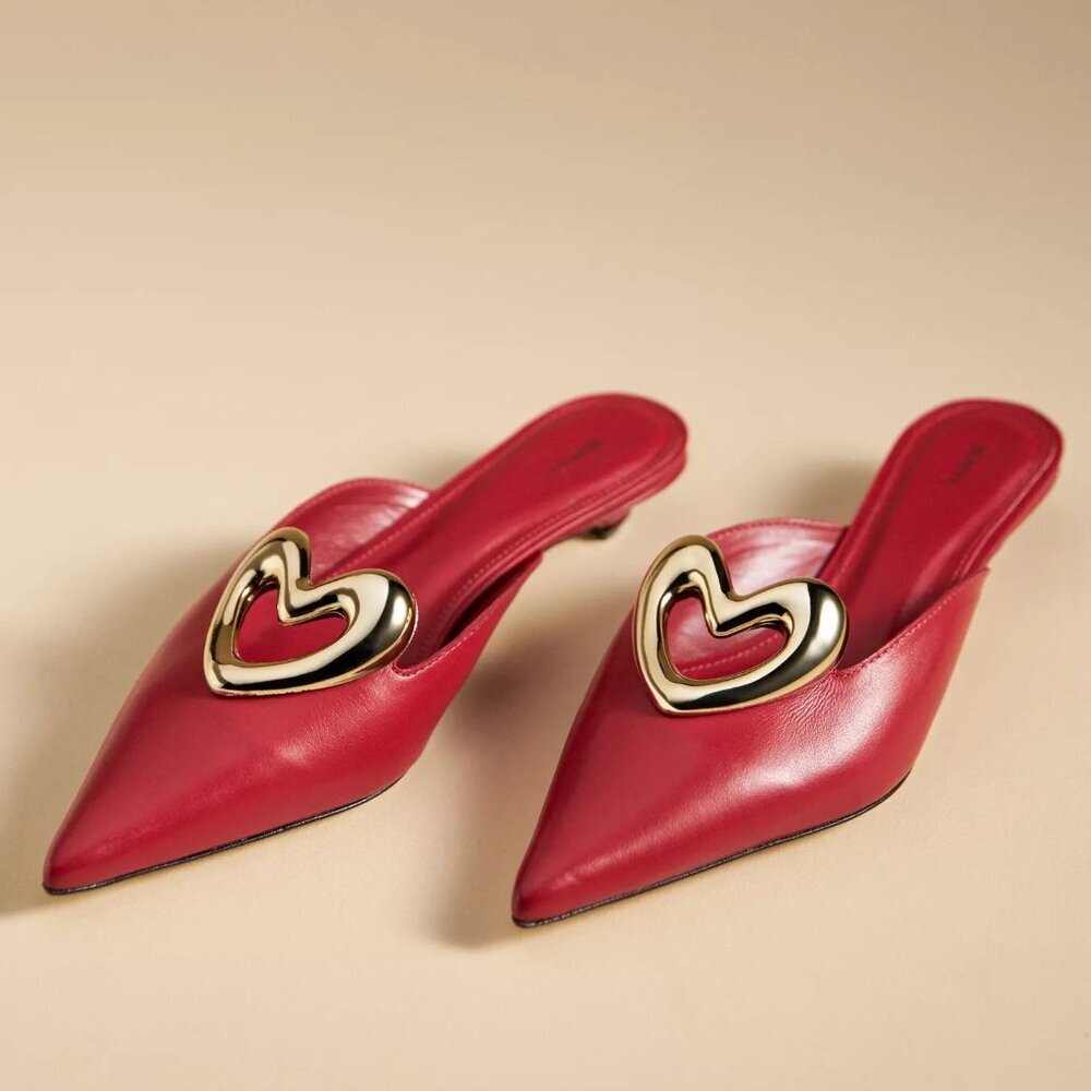 ❤️ ANTHROPOLOGIE Maeve Red Gold Heart Mule Kitten Heels Real Leather EU 36